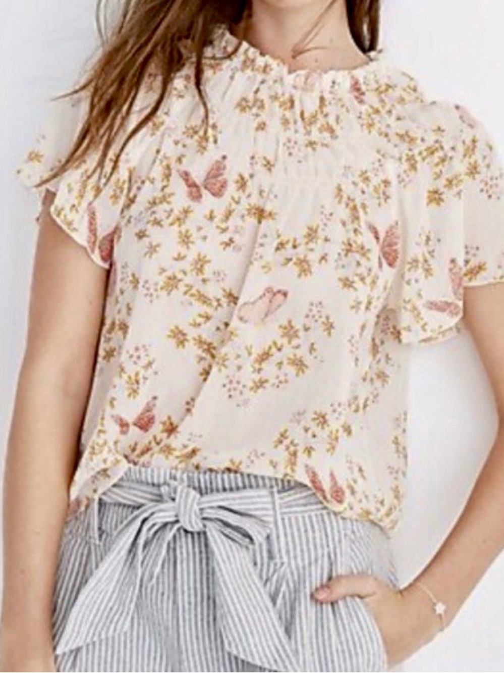 Madewell Cream Butterfly & Floral Smocked-Neck Blouse